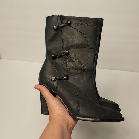 Harley Davidson Moto Boots Size 8 Leather Zip Side Button Accents Stamped Logo - Picture 16 of 16